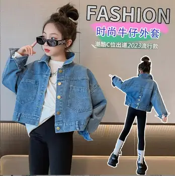 2023 г. Джинсовое пальто для девочек в корейском стиле с длинным рукавом, весенняя куртка для девочек хорошего качества от 4 до 12 лет E229