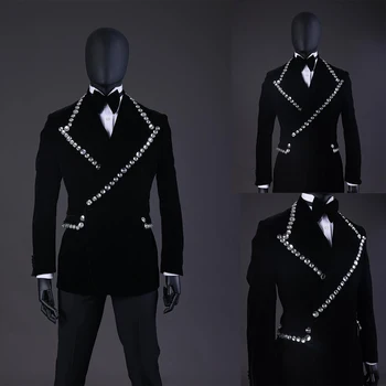 Современные мужские костюмы на заказ, 2 предмета, бархатный блейзер, черные брюки, жених на одной пуговице, бриллианты на лацканах, кристаллы на заказ, большие размеры
