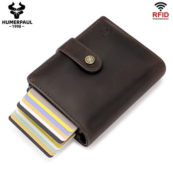 Держатель для кредитных карт из натуральной кожи, блокирующий RFID, алюминиевый выдвижной смарт-кошелек Business Male Porte Carte с карманом для монет