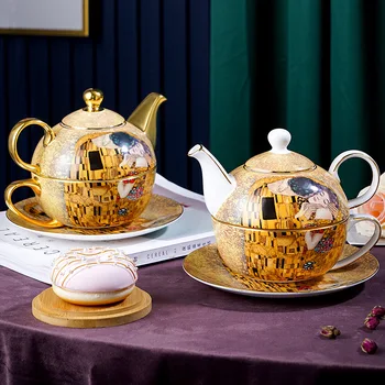 Новый Креативный Набор Чайников Из Костяного Фарфора Klimt Kiss, Фарфоровый Английский Набор Посуды для Послеобеденного Чая, Одиночные Чайные Чашки, Подарок для Отца