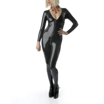 Черный женский латексный комбинезон, Резиновое боди, комбинезон с V-образным вырезом, облегающий костюм, молния спереди в промежности.
