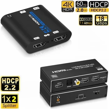 20шт 4K 60HZ HDMI Splitter 1x2 Аудио Экстрактор 1 в 2 выхода Порт с 3,5 мм Аудио Коаксиальным SPDIF Аудио Экстрактором HDCP 2.3 Для PS4 PS5