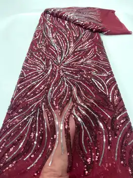 Винная Нигерийская кружевная ткань с пайетками 2023 г. Высококачественная Африканская тюлевая ткань с вышивкой для шитья свадебного платья Сетчатое кружево 5 Ярдов