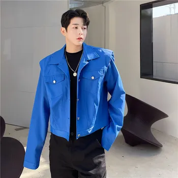 2022 Весна Корейский стиль индивидуальность контурная форма дизайн плеча куртки мужские повседневные свободные короткие синие куртки мужские, M-XL