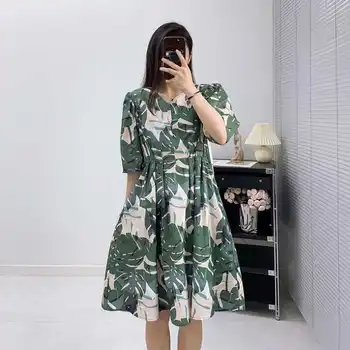 2023 Летнее женское ретро-платье с цветочным принтом в виде зеленых джунглей и эластичной резинкой на талии