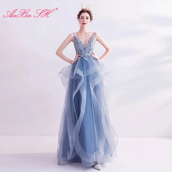 AnXin SH princess blue flower lace party винтажное вечернее платье невесты с v-образным вырезом на бретельках, расшитое бисером, с рукавами-кристаллами и оборками 2722