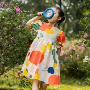 Детские платья для девочек в корейском стиле, Летние пляжные хлопковые свободные платья с пышными рукавами и водяным принтом, повседневное праздничное платье для школьниц