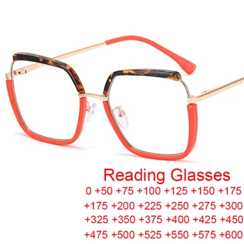 Женские очки для чтения по рецепту + 1,5 + 2,0 Синий светофильтр в металлической оправе, модные оранжевые квадратные очки для чтения с увеличительным стеклом