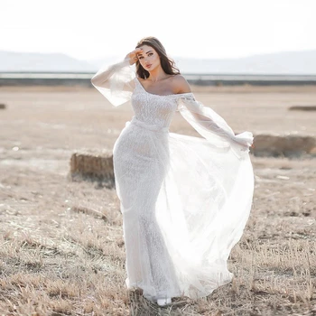 Элегантное свадебное платье-футляр, расшитое бисером, с открытыми плечами, из пышного тюля, с длинными рукавами, свадебные платья, сшитые на заказ