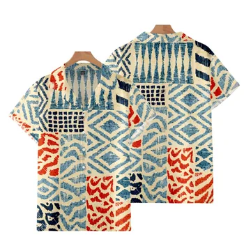 Гавайские пляжные блузки в цветную полоску с принтом, Кубинский воротник, Рубашки с коротким рукавом, Повседневные Камики, уличная одежда Harajuku