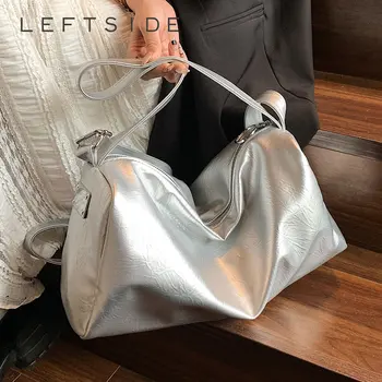 СЛЕВА Большие серебряные сумки-ведерки через плечо для женщин 2023, Корейская мода Стремится к кожаным сумкам большой вместимости, сумке через плечо