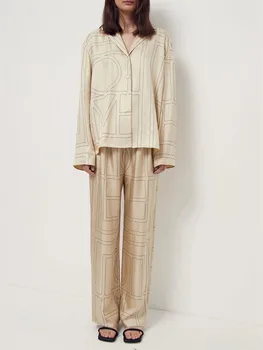 Блузка в стиле женской пижамы, костюмы с отложным воротником, шелковая рубашка в геометрическую полоску, женские длинные брюки или шорты с эластичной резинкой на талии, брюки