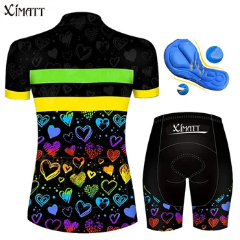 Женский комплект из джерси для велоспорта с коротким рукавом, летняя велосипедная одежда из полиэстера с черным / желтым сердечком, быстросохнущая дышащая