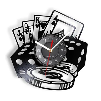 Настенное искусство в виде покерных костей, набор фишек для покера, настенные часы, декор стен покер-рума, Виниловая пластинка, настенные часы, подарок игроку в покер