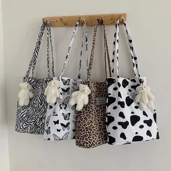 Холщовая сумка с леопардовым принтом в стиле Ins, женская продуктовая сумка, студенческая винтажная сумка для книг, сумки для покупок для девочек