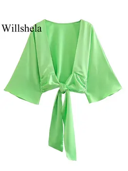 Willshela/ Женские модные укороченные рубашки с зеленым бантом и повязкой, винтажные топы с V-образным вырезом и половинчатыми рукавами, Шикарные женские укороченные топы