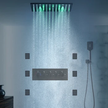 16-дюймовая черная душевая кабина с гидромассажем, светодиодная душевая система rain mist, ручной душ, современный душевой набор для ванной комнаты, установленный на потолке