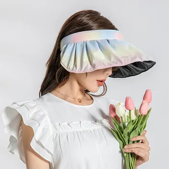 Летние складные солнцезащитные шляпы для женщин, фантазийная пляжная шляпа градиентного цвета для девочек, портативная сворачивающаяся шапка-оголовье двойного назначения, Верхняя часть пустых кепок