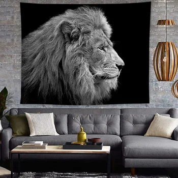 Черно-белый Лев, тигр, гобелен с животными, большая ткань, настенное украшение в богемном стиле Хиппи, художественный гобелен, декор в стиле бохо для спальни
