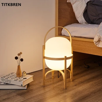 Настольная лампа с деревянной корзиной в Японском стиле, Стеклянный Абажур, Прикроватная тумбочка для спальни, Светодиодное Освещение для гостиной, Торшер, Настольное Приспособление