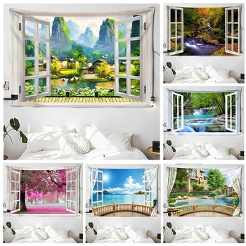 Имитация дизайна окна картина с речным пейзажем, гобелен, вишневое дерево, настенный декоративный гобелен для домашней комнаты, спальни