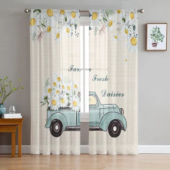 Прозрачные занавески Daisy Truck в винтажном стиле с цветами для гостиной, спальни, кухни, домашнего декора, Шифоновые шторы, Тюлевые занавески на окнах, Вуалевые занавески