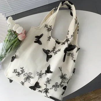 Холщовые сумки-тоут для женщин 2023, милые сумки с вышивкой, модная повседневная сумка через плечо для девочек, кружевная сетчатая сумка для покупок