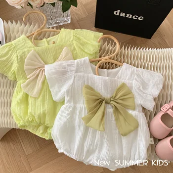 Летняя детская одежда, детская одежда с бантом от 0 до 2 лет, летний модный цветной комбинезон для новорожденных девочек