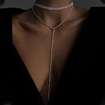 Модная цепочка со стразами, многослойное ожерелье, ювелирные изделия для женщин, колье с длинной кисточкой, Хрустальное Y-образное ожерелье, украшения для шеи