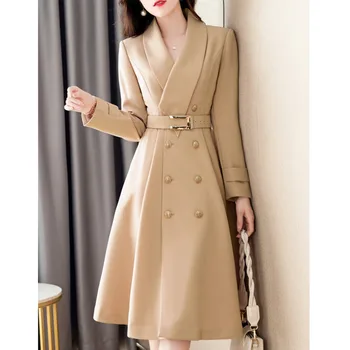 2022 Весна-осень, новое женское пальто-ветровка, модное пальто средней длины, Двубортный тренч с тонким поясом, Feminino