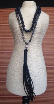 YA2224 Черная кожаная подвеска с кисточкой, лабрадорит, черный камень, бусины-узлы, ожерелье ручной работы длиной 30 дюймов