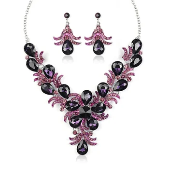 Винтажное ожерелье с фиолетовым кристаллом и цветочным дизайном, серьги, роскошный ювелирный набор, женская свадьба, подарки на день Святого Валентина для новобрачных