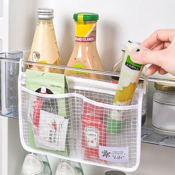 Сетчатая сумка для хранения в холодильнике Портативная Приправа Еда Закуски Сетчатая сумка Подвесная сумка с двумя отделениями Кухонные принадлежности 2023