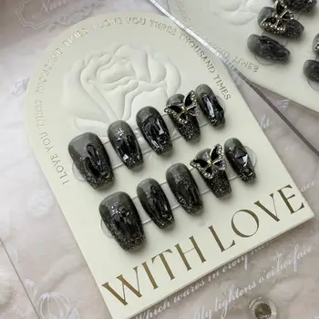 Накладные ногти Черный пресс ручной работы на ногтях со стразами Дизайн бабочки Полное покрытие Профессиональные искусственные ногти для женщин