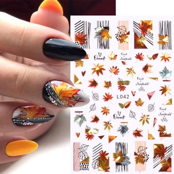 3D Лазерные наклейки для ногтей с осенними листьями, блестящие наклейки для ногтей, Золотой Кленовый лист, Роза, Украшение для ногтей, осенний дизайн