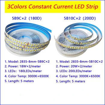 3 цвета 5 метров 2835-8 мм-5B9C × 2 и 5B10CX2 SANAN Выделяют светодиодную ленту постоянного тока 20 Вт × 2 /метр с 4 паяными соединениями.
