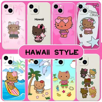 Черная кожа, Hellokitty, Пляжный отдых на Гавайях, мультяшный чехол для телефона для 13 Iphone 14, Аниме, силиконовые мягкие украшения в виде ракушек