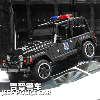 Полицейская машина из сплава Jeep Wrangler с высокой имитацией 1:32 со светом и музыкой, откиньте дверь, модель полицейской машины для детских подарков