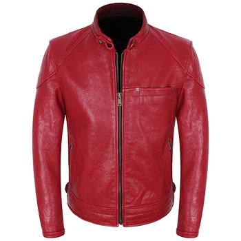 Мужская Мотоциклетная байкерская куртка из натуральной кожи в стиле Панк со стоячим воротником, красная натуральная кожа, 100% Натуральная Овчина, Зимне-осеннее пальто