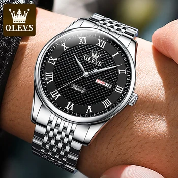 OLEVS 2023 Новые кварцевые мужские часы, мужские модные деловые часы, 30-метровый водонепроницаемый ремешок из нержавеющей стали, дисплей с еженедельным календарем 5562