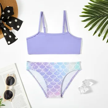 Фиолетовый купальник для девочек-русалочек, детский купальный костюм из двух частей, купальники для девочек-подростков, комбинезон, летняя пляжная одежда