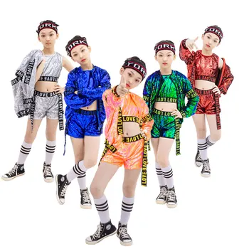 Детская одежда в стиле хип-хоп, разноцветная для девочек, джазовые танцевальные костюмы, одежда для бальных танцев для девочек, детский джазовый сценический костюм