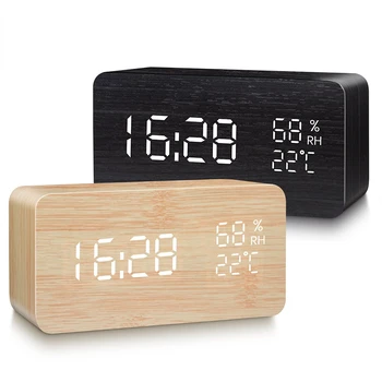 Будильник Mi Home, светодиодные цифровые деревянные настольные часы с питанием от USB / AAA, с голосовым управлением температурой и влажностью, Электронные настольные часы