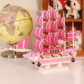 Розовый Романтический Эстетизм, Любовь, Парусник, Пиратский корабль, 3D модель лодки, Сделай сам, Мини-Алмазные блоки, Кирпичи, Строительная игрушка для детей