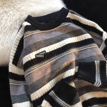 Полосатый свитер мужской ленивый стиль осень зима японский ретро уличный вязаный свитер пуловер с круглым вырезом в гонконгском стиле