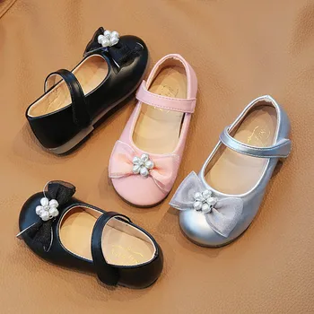 Новые туфли Мэри Джейн для девочек, туфли принцессы с жемчугом и цветами, детские кожаные туфли с бантом, детские туфли на плоской подошве, детские туфли для выступлений 244R