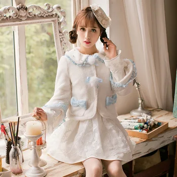 Принцесса сладкое белое пальто, украшение в виде конфетного дождя, банта, вышивка, бусины для ногтей, однобортный помпон, японский дизайн C16CD6208