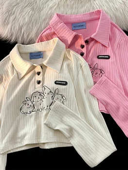 Укороченные футболки Deeptown Harajuku Streetwear, женские футболки Y2k, винтажные топы с принтом кролика Каваи, Американская футболка поло в ретро-стиле, женская