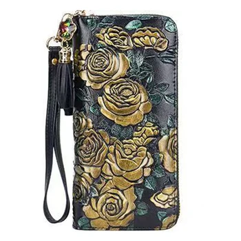 Сумка-кошелек из натуральной кожи с цветочным рисунком, Роскошная брендовая длинная Женская кожаная сумочка на двойной молнии, женский клатч с ручкой