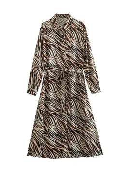 MESTTRAF Женское Модное Миди-платье с животным принтом и поясом 2023, Винтажные рубашки с лацканами с длинным рукавом, Женские платья в стиле Vestidos